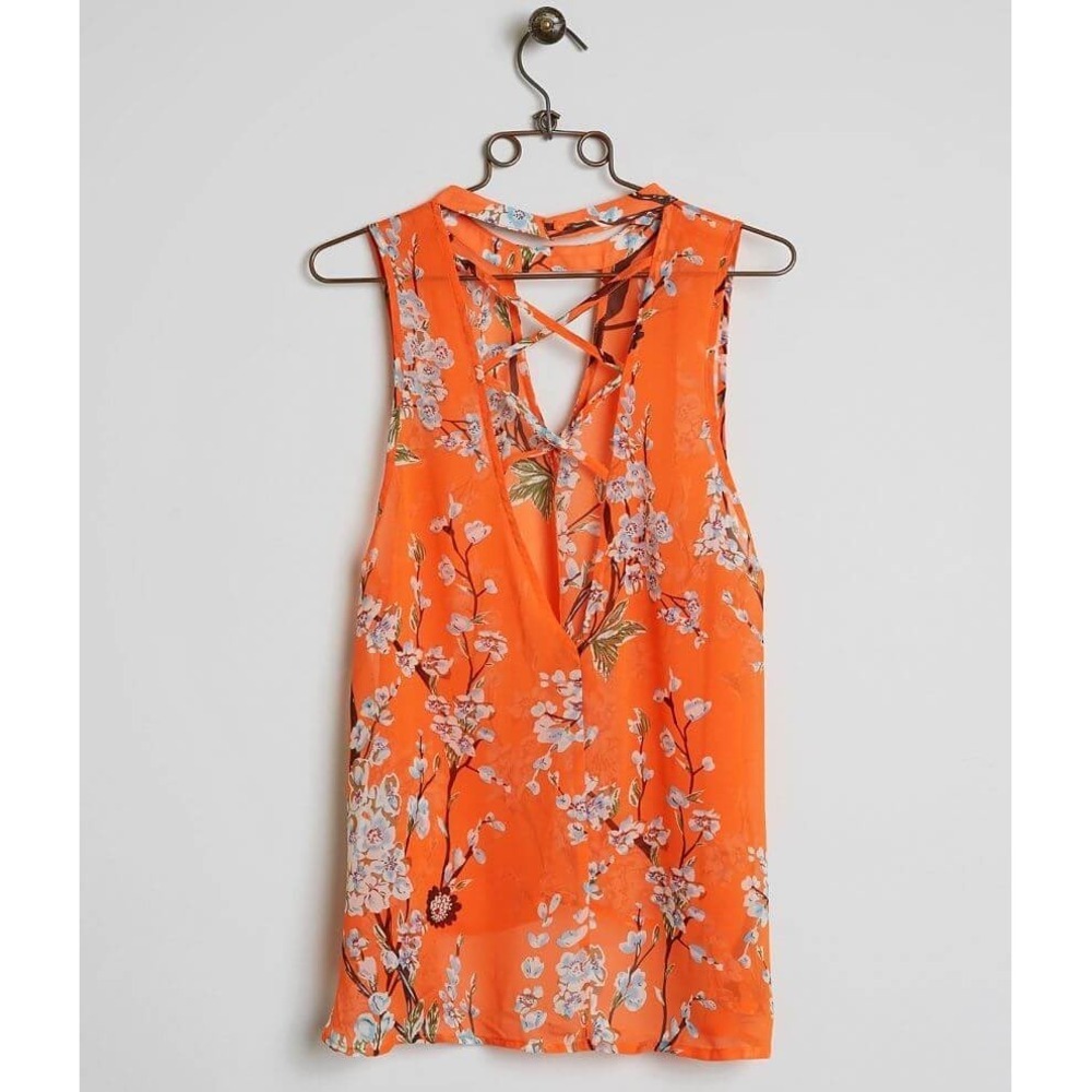 Miss Me Orange Floral Choker Neck Open Back Crisscross Blouse MDT1017T L - Picture 4 of 14